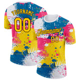 Custom White Yellow Blue Pink-Brown Grunge Paint Splatter Performance T-Shirt