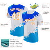Custom White Blue-Bay Orange Grunge Paint Splatter Performance T-Shirt