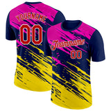 Custom Navy Red Hot Pink Yellow-White Grunge Paint Splatter Performance T-Shirt