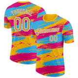 Custom Yellow Old Gold Blue Pink-White Grunge Paint Splatter Performance T-Shirt