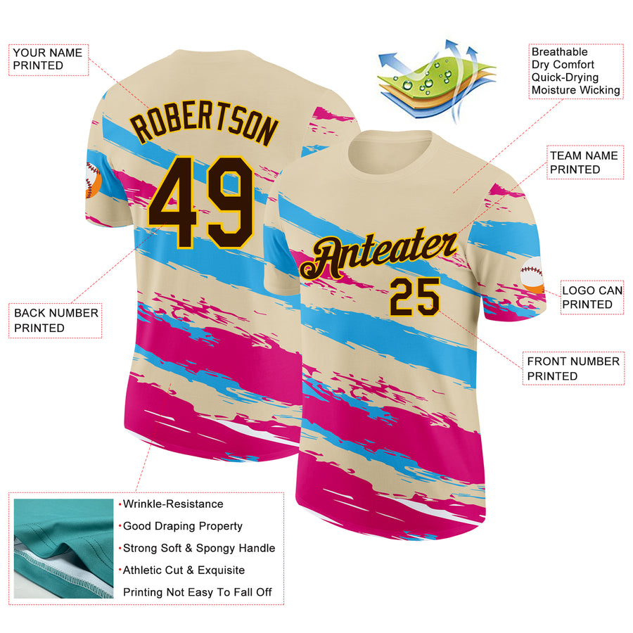 Custom Cream Brown Blue Pink-Yellow Grunge Paint Splatter Performance T-Shirt