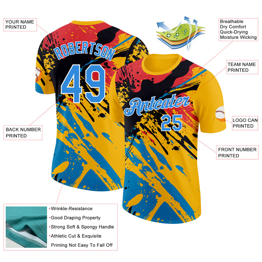 Custom Yellow Powder Blue Pink Black-White Grunge Paint Splatter Performance T-Shirt