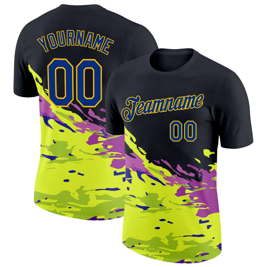 Custom Black Royal Purple Green-Yellow Grunge Paint Splatter Performance T-Shirt