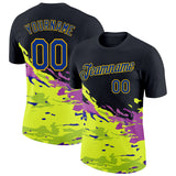 Custom Black Royal Purple Green-Yellow Grunge Paint Splatter Performance T-Shirt