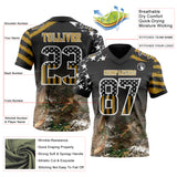 Custom Black USA Flag Camo White-Old Gold Authentic Gradient Digital Camouflage Stars & Stripes Raglan Sleeves Football Jersey
