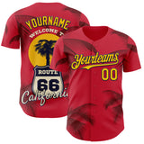 Custom Red Yellow-Black Route 66 Tropical Palm Tree Americana Road Trip Authentic Baseball Jersey