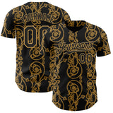 Custom Black-Old Gold Baroque Floral Scroll Authentic Baseball Jersey