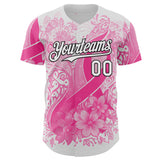 Custom White Pink-Black Breast Cancer Awareness Pink Ribbon Floral Authentic Baseball Jersey