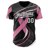Custom Black White-Pink Breast Cancer Awareness Fight Pink Ribbon Wave Authentic Baseball Jersey