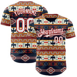Custom Navy White Yellow-Red Burning Man Aztec Tribal Geometric Authentic Baseball Jersey