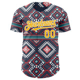 Custom Navy Gold Red Green-White Burning Man Aztec Tribal Geometric Authentic Baseball Jersey