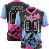 Custom Black Pink Light Blue-White Authentic Skull Paint Splatter Football Jersey