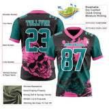Custom Black Teal Pink-White Authentic Skull Paint Splatter Football Jersey