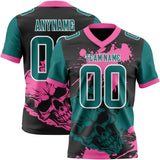 Custom Black Teal Pink-White Authentic Skull Paint Splatter Football Jersey