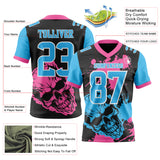 Custom Black Sky Blue Pink-White Authentic Skull Paint Splatter Football Jersey