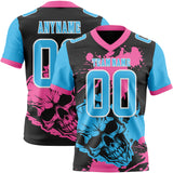 Custom Black Sky Blue Pink-White Authentic Skull Paint Splatter Football Jersey