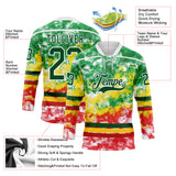 Custom Tie Dye Green White Yellow-Red Watercolor Cloud Splatter Hockey Lace Neck Jersey