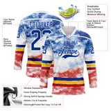 Custom Tie Dye Royal White Yellow-Red Watercolor Cloud Splatter Hockey Lace Neck Jersey