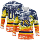Custom Tie Dye Navy White Yellow-Orange Watercolor Cloud Splatter Hockey Lace Neck Jersey