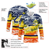 Custom Tie Dye Navy White Yellow-Orange Watercolor Cloud Splatter Hockey Lace Neck Jersey