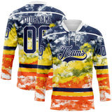 Custom Tie Dye Navy White Yellow-Orange Watercolor Cloud Splatter Hockey Lace Neck Jersey