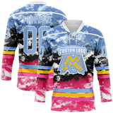 Custom Tie Dye Light Blue White Yellow-Pink Watercolor Cloud Splatter Hockey Lace Neck Jersey