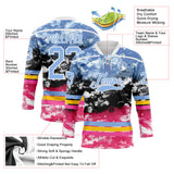 Custom Tie Dye Light Blue White Yellow-Pink Watercolor Cloud Splatter Hockey Lace Neck Jersey