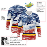 Custom Tie Dye Navy White Yellow-Red Watercolor Cloud Splatter Hockey Lace Neck Jersey