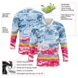 Custom Tie Dye Light Blue White Yellow-Pink Watercolor Cloud Splatter Hockey Lace Neck Jersey