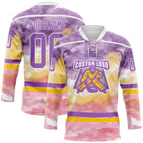 Custom Tie Dye Medium Purple White Yellow-Light Pink Watercolor Cloud Splatter Hockey Lace Neck Jersey