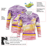 Custom Tie Dye Medium Purple White Yellow-Light Pink Watercolor Cloud Splatter Hockey Lace Neck Jersey
