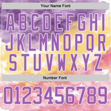 Custom Tie Dye Medium Purple White Yellow-Light Pink Watercolor Cloud Splatter Hockey Lace Neck Jersey
