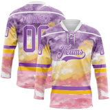 Custom Tie Dye Medium Purple White Yellow-Light Pink Watercolor Cloud Splatter Hockey Lace Neck Jersey