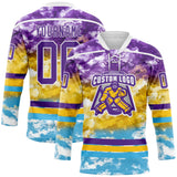 Custom Tie Dye Purple White Yellow-Sky Blue Watercolor Cloud Splatter Hockey Lace Neck Jersey