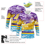 Custom Tie Dye Purple White Yellow-Sky Blue Watercolor Cloud Splatter Hockey Lace Neck Jersey