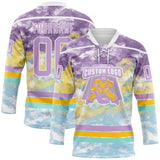 Custom Tie Dye Light Purple White Yellow-Ice Blue Watercolor Cloud Splatter Hockey Lace Neck Jersey