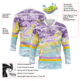 Custom Tie Dye Light Purple White Yellow-Ice Blue Watercolor Cloud Splatter Hockey Lace Neck Jersey