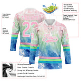 Custom Tie Dye Light Pink White Pea Green-Lakes Blue Watercolor Cloud Splatter Hockey Lace Neck Jersey