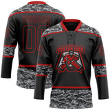 Custom Black Camo-Red Digital Camouflage Accent Hockey Lace Neck Jersey