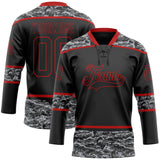 Custom Black Camo-Red Digital Camouflage Accent Hockey Lace Neck Jersey