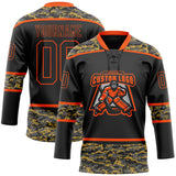 Custom Black Camo-Orange Digital Camouflage Accent Hockey Lace Neck Jersey