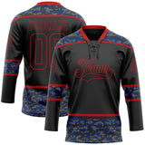Custom Black Camo-Red Digital Camouflage Accent Hockey Lace Neck Jersey