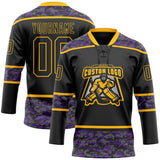 Custom Black Camo-Gold Digital Camouflage Accent Hockey Lace Neck Jersey