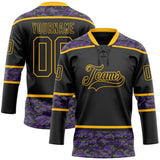 Custom Black Camo-Gold Digital Camouflage Accent Hockey Lace Neck Jersey