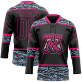 Custom Black Camo-Hot Pink Digital Camouflage Accent Hockey Lace Neck Jersey