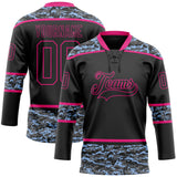 Custom Black Camo-Hot Pink Digital Camouflage Accent Hockey Lace Neck Jersey