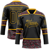 Custom Black Camo-Gold Digital Camouflage Accent Hockey Lace Neck Jersey