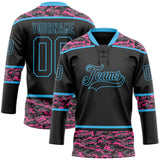 Custom Black Camo-Sky Blue Digital Camouflage Accent Hockey Lace Neck Jersey