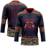 Custom Navy Camo-Red Digital Camouflage Accent Hockey Lace Neck Jersey