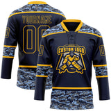 Custom Navy Camo-Gold Digital Camouflage Accent Hockey Lace Neck Jersey